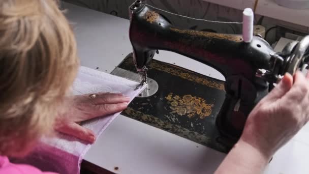Grandmother Sews Vintage Sewing Machine Home Slow Motion Close Steel — стоковое видео