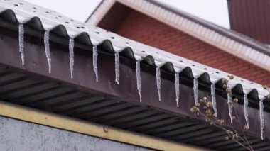 Icicles hang from the roof of a house in a winter day. Row of winter icicles hang from the overhang of the roof of the building against sky. Lot of icicles on the edge of house. 4K