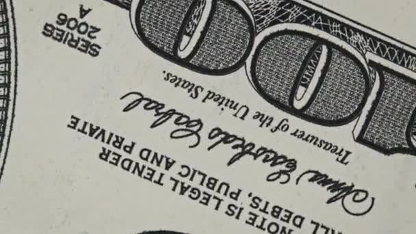 Fragment One Hundred Dollar Bill Rotates Close 100 Banknote Spinning — Vídeo de stock