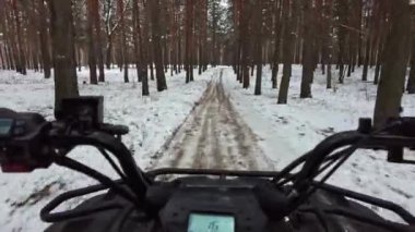 First-person view of a man riding a quad bike on snowy terrain, steering wheel view. POV control ATV on a snow-covered path surrounded by winter forest. Riding between pine trees. Vocation, off-road
