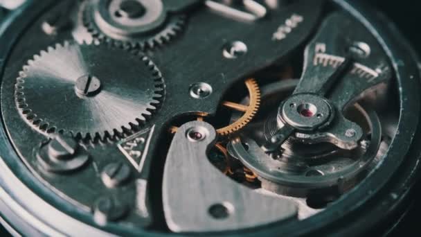 Clock Mechanism Rotates Close Vintage Stopwatch Mechanism Working Macro Old — 图库视频影像