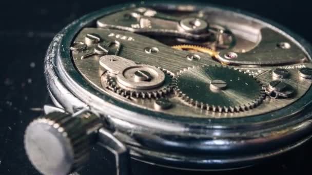 Timelapse Mechanism Vintage Stopwatch Rotation Close Clock Watch Mechanism Working — Vídeo de stock