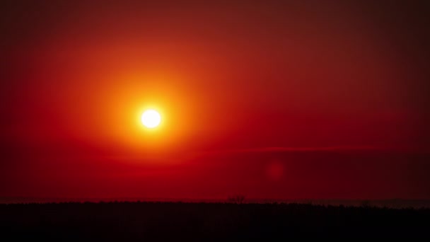 Тимелапс Заходу Сонця Помаранчевому Небі Над Горизонтом Велике Яскраво Червоне — стокове відео