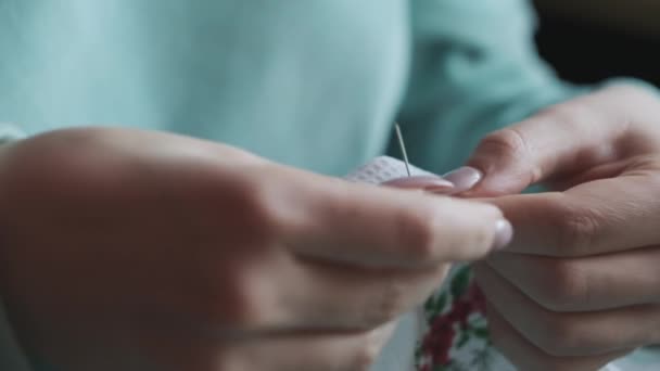 Young Female Hands Sew Manually Thread Needle Slow Motion Close — Video