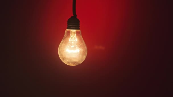 Incandescent Lamp Lights Finger Touches Dark Red Background Glass Bulb — Vídeo de Stock