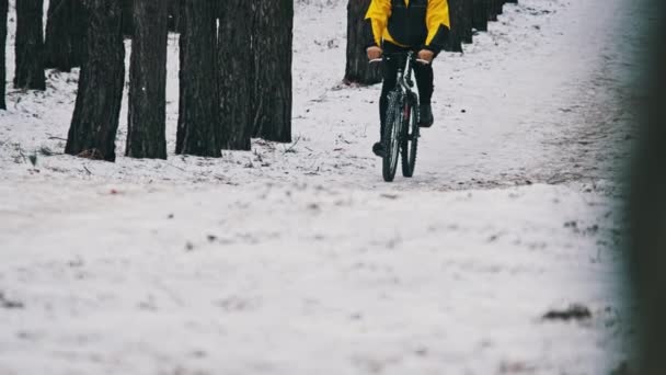人は遅い動きの冬の木の間の雪の道に沿って自転車に乗る 若い男の自転車は森の中の森の道をたどります 自転車でサイクリスト旅行 健康的なライフスタイル アウトドアウォーキング スポーツ — ストック動画