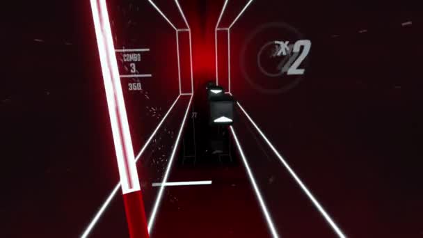 Gameplay Virtual Reality Glasses Virtual Neon Swords Hands Cut Cubes — Video Stock