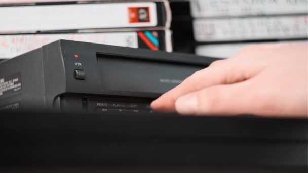 Eject Vhs Tape Cassette Vcr Player Male Hand Pulls Out — Vídeo de Stock