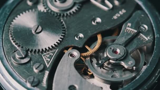 Clock Mechanism Rotates Close Vintage Stopwatch Mechanism Working Macro Old — Wideo stockowe