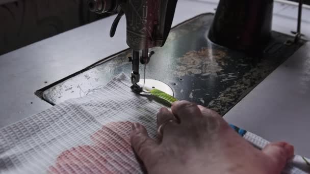 Aged Seamstress Sews Traditional Sewing Machine Home Slow Motion Close — Videoclip de stoc