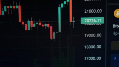 Timelapse chart of the price of Bitcoin in a bear market. Cryptocurrency exchange chart online on laptop screen. Stock market chart of BTC currency. Bitcoin trading with price evolution. Digital quote