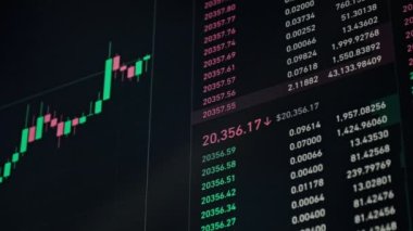 Monitörde Bitcoin fiyat tablosu var. Borsa, kripto döviz şeması. Bilgisayarda şifreli işlem grafiği. Borsada USD ve BTC 'den alıntılar. Bitcoin 20 bin dolar.