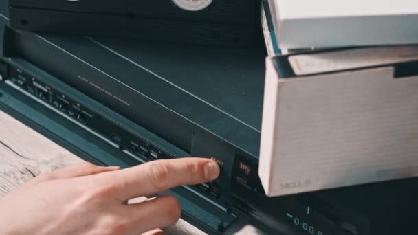 Eject Vhs Tape Cassette Vcr Player Male Hand Pushes Button — Video