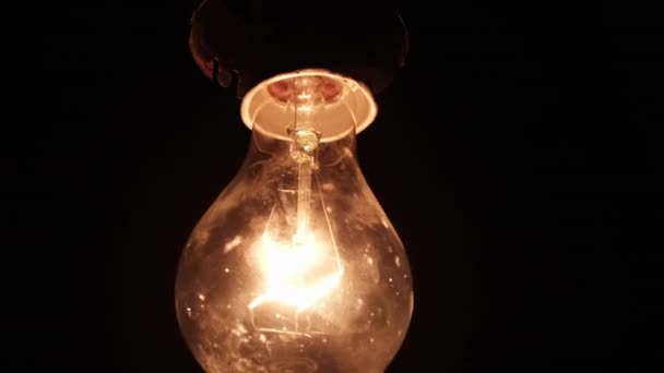 Hanging Incandescent Bulb Turns Flickers Black Background Place Text Warm — Video