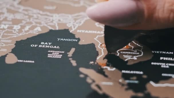 Woman Hand Erases Visited Country Thailand Travel Map Scratching Country — Video