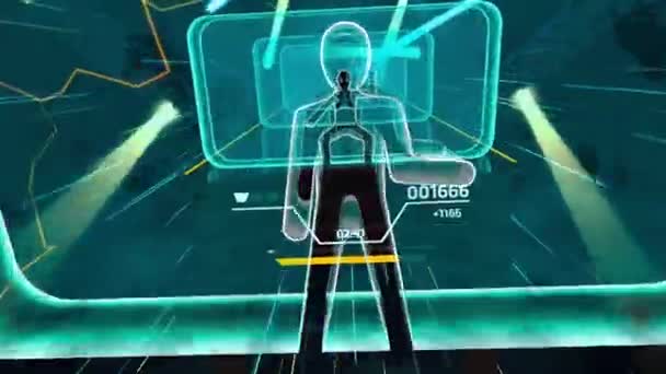 仮想現実のメガネでダンスゲームのVrゲームプレイ 踊りのポーズで仮想ネオンの壁を歩く必要があります Vrヘルメットで現実的なゲーム 没入型ゲーム内世界 VrヘッドセットでのゲームのPov — ストック動画