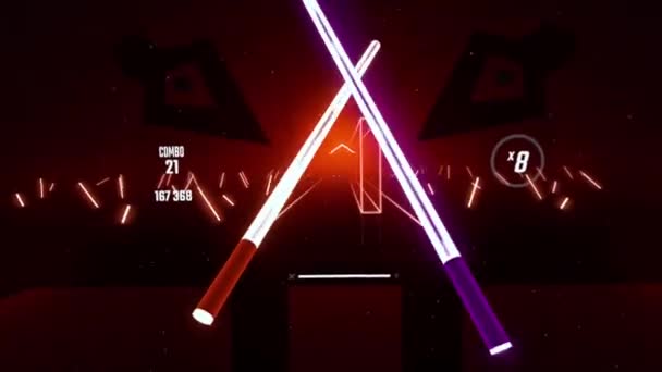 Gameplay Virtual Reality Glasses Virtual Neon Swords Hands Cut Cubes — 图库视频影像