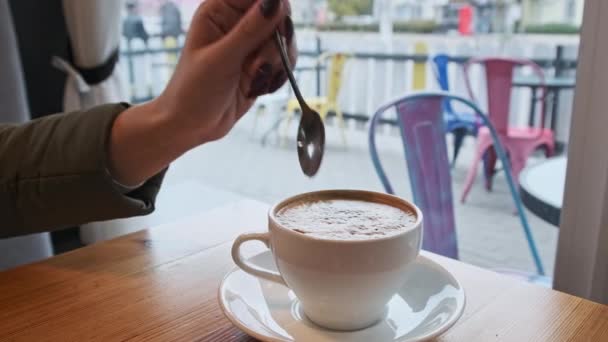 Γυναικείο Χέρι Αναδεύει Αφρό Μια Κούπα Καφέ Κουτάλι Στην Καφετέρια — Αρχείο Βίντεο