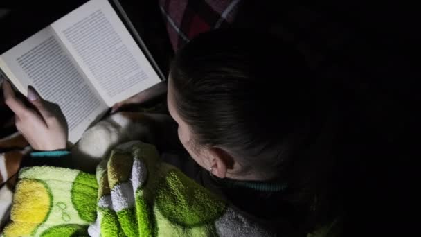 Woman Reads Book Lying Sofa Night Light Lantern Female Dressing — Video Stock