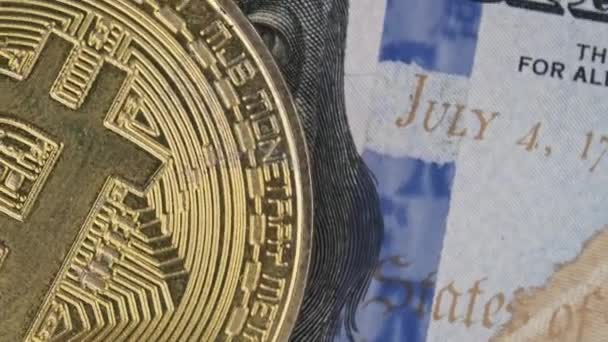 Bitcoin Rotates Close Background Dollars Gold Symbol Cryptocurrency Concept Cryptocurrency — Video