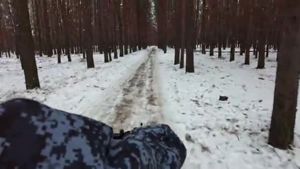 First Person View Man Riding Quad Bike Snowy Terrain Steering — Video