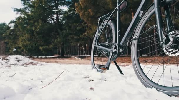 Bicicletta Cinghia Trova Bordo Corsa Contro Foresta Invernale Innevata Vista — Video Stock