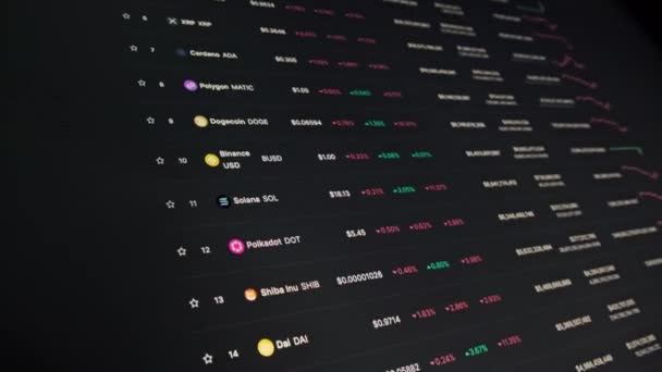 Список Топ Криптовалют Екрані Монітора Криптокапіталізація Ціновою Діаграмою Bitcoin Ethereum — стокове відео