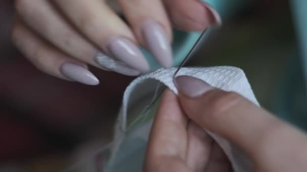 Young Woman Sews Manually Thread Needle Slow Motion Close Female — Wideo stockowe