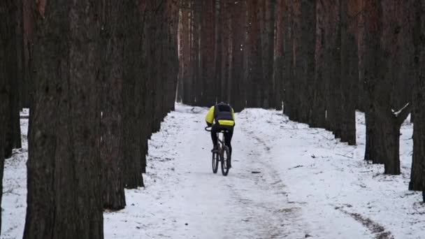 Člověk Jezdí Horském Kole Zasněžené Stezce Mezi Zimními Stromy Zpomaleném — Stock video