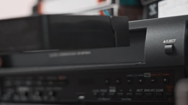 Eject Vhs Tape Cassette Vcr Player Male Hand Pulls Out — Vídeo de Stock