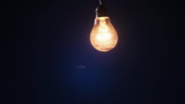 Incandescent lamp on wire sways from side to side and lights up with flickers on dark blue background. Classic bulb turned on and off close-up. Tungsten bulb cozy shine of vintage light. Copy space 4K
