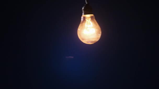 Incandescent Lamp Wire Sways Side Side Lights Flickers Dark Blue — Stok video