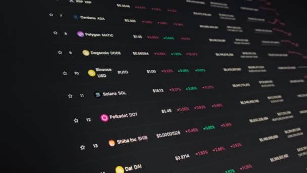 Seznam Nejlepších Kryptoměn Obrazovce Monitoru Kryptografická Kapitalizace Cenovým Grafem Bitcoin — Stock video