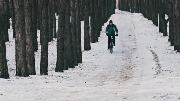 Jongeman Een Fiets Een Besneeuwd Pad Tussen Winterbomen Dennenbos Slow — Stockvideo