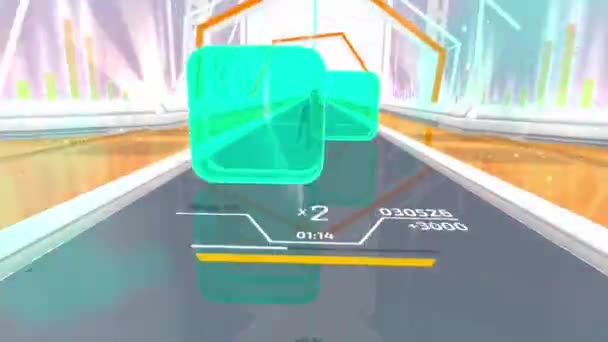 仮想現実のメガネでVrダンスゲームのゲームプレイ プレイヤーはダンスのポーズや形で仮想ネオンの壁を歩く必要があります Vrヘルメットで現実的なゲーム 没入型ゲームの世界 VrヘッドセットでのPovゲーム — ストック動画