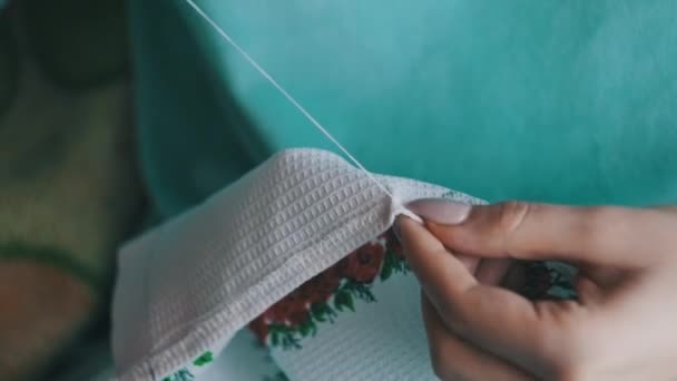 Beautiful Female Hands Sew Manually Thread Needle Young Woman Sews — Video