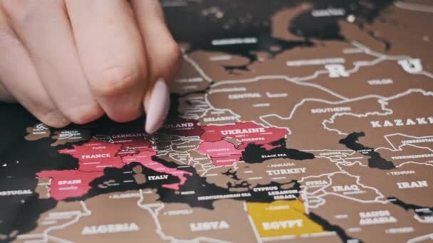 Female Hand Scratching Europe Countries Surface Scratch World Map Scratch — Wideo stockowe