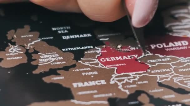 Female Hand Scratching Germany Country Surface Scratch World Map Scratch — Stock Video