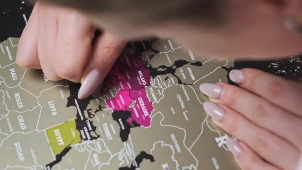 Woman Scratching Europe Countries Surface Scratch World Map Slow Motion — Stockvideo