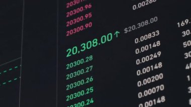 Kripto döviz şeması, Bitcoin, fiyat evrimiyle ticaret. Piyasanın derinliği. Monitörde şifreli işlem grafiği var. Fiyat tablosundaki mumlar. Grafik verileri, borsa, Bitcoin 20 bin dolar.