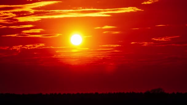 柔らかい雲とオレンジの空に素晴らしい夕日のタイムラプス 明るいオレンジ色の太陽は 雲の背後を移動します 壮大な雲の空間 鮮やかな色 タイムラプス 曇り空の美しい日没 — ストック動画
