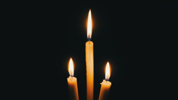 Three Candle Burns Black Background Yellow Flame Flickering Candles Illuminates — Stock Video