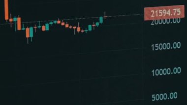 Bitcoin Trading With Price Evolution, Cryptocurrency Exchange Chart. Candles on the price chart move in a timelapse. Graph of crypto trading online on a laptop screen. Graph data, Stock market