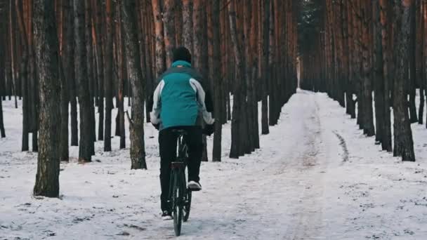 Giovanotto Bicicletta Sentiero Innevato Tra Alberi Invernali Pineta Rallentatore Ciclista — Video Stock