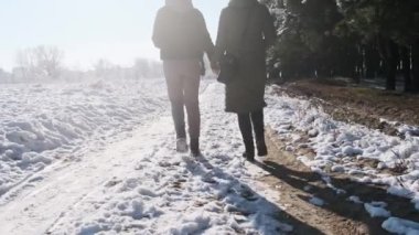 Kış ormanı yakınlarındaki karlı bir patikada el ele yürüyen iki kadının arka görüntüsü, yavaş çekim. Parlak güneşe karşı karda yürüyen kız arkadaşlar. Sevgili bir çift kavramı, lezbiyen, LGBT