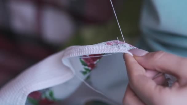 Young Woman Sews Manually Thread Needle Slow Motion Close Female — Stok video