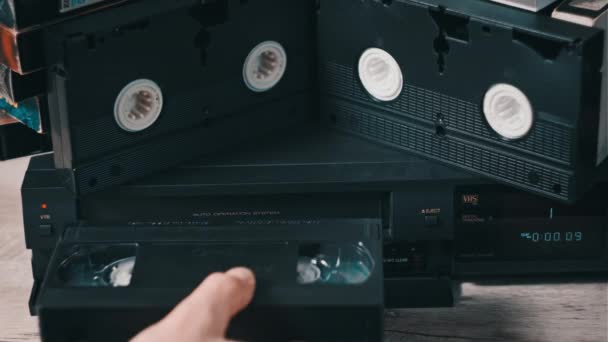 Insert Vhs Cassette Vcr Player Black Vintage Videotape Cassette Recorder — Video Stock