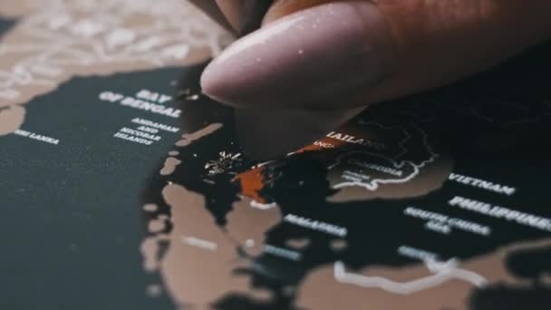 Woman Hand Erases Visited Country Thailand Travel Map Scratching Country — Stok video