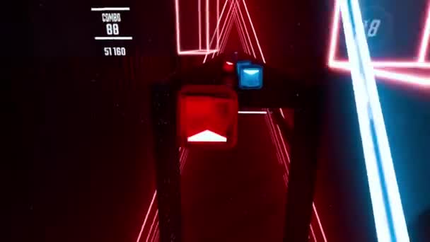 Gameplay Virtual Reality Glasses Virtual Neon Swords Hands Cut Cubes — Stock video