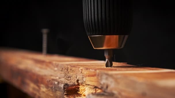 나무보드에스 드라이버를 조각을 클로즈업한 도청나사는 매크로의 파워드릴 나무에서 — 비디오